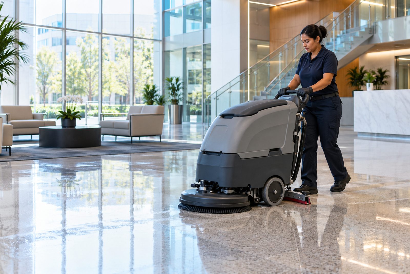 Operator running a walk-behind auto-scrubber across a polished lobby floor, wet sheen behind it