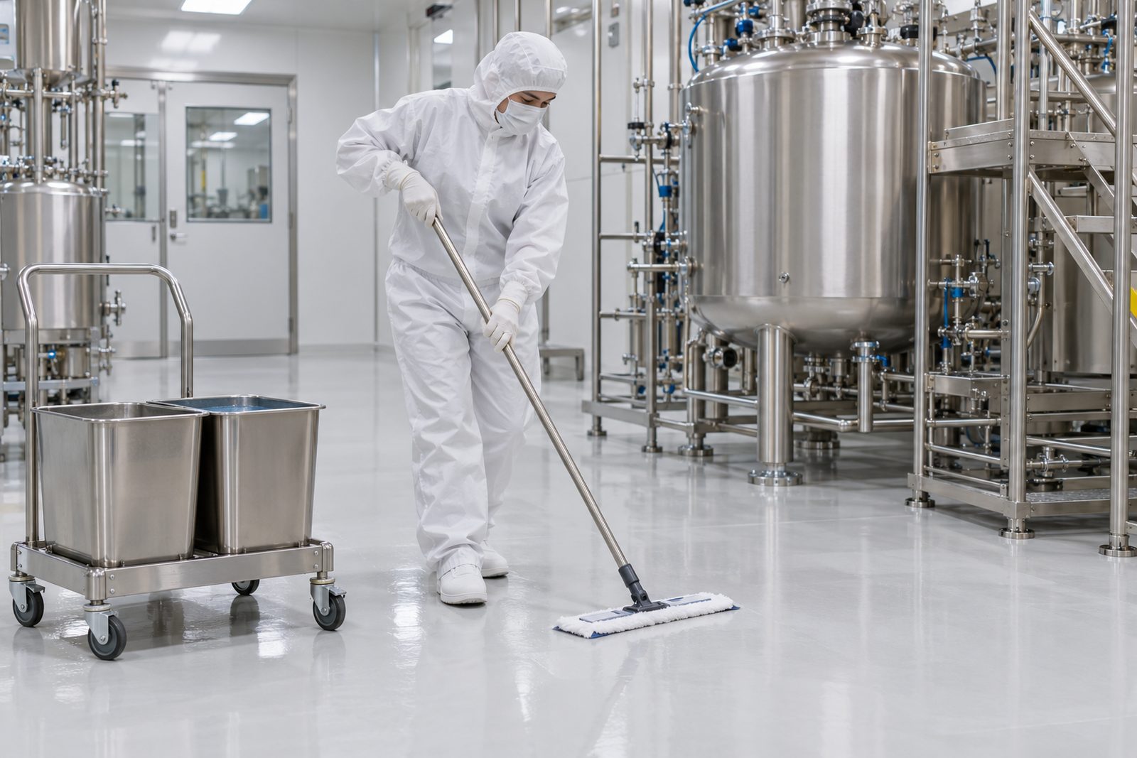 Gowned operator mopping a GMP suite floor with a two-bucket system beside stainless process equipment