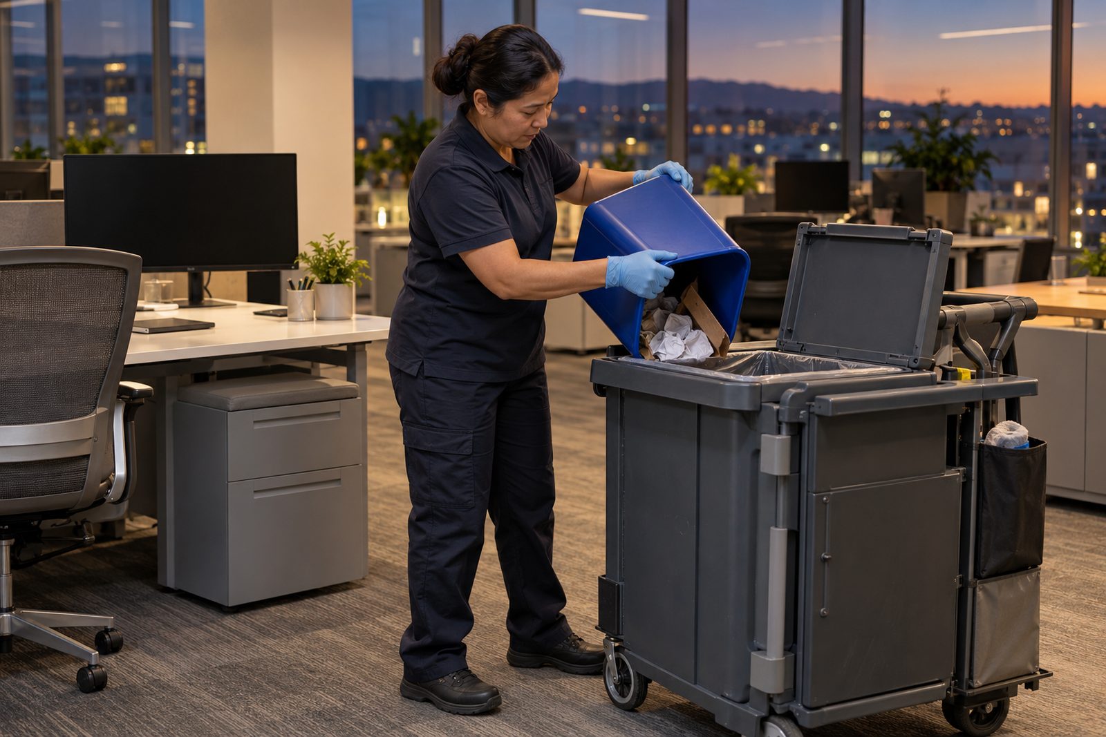 Custodian emptying a desk-side recycling bin into a cart in a modern office at dusk