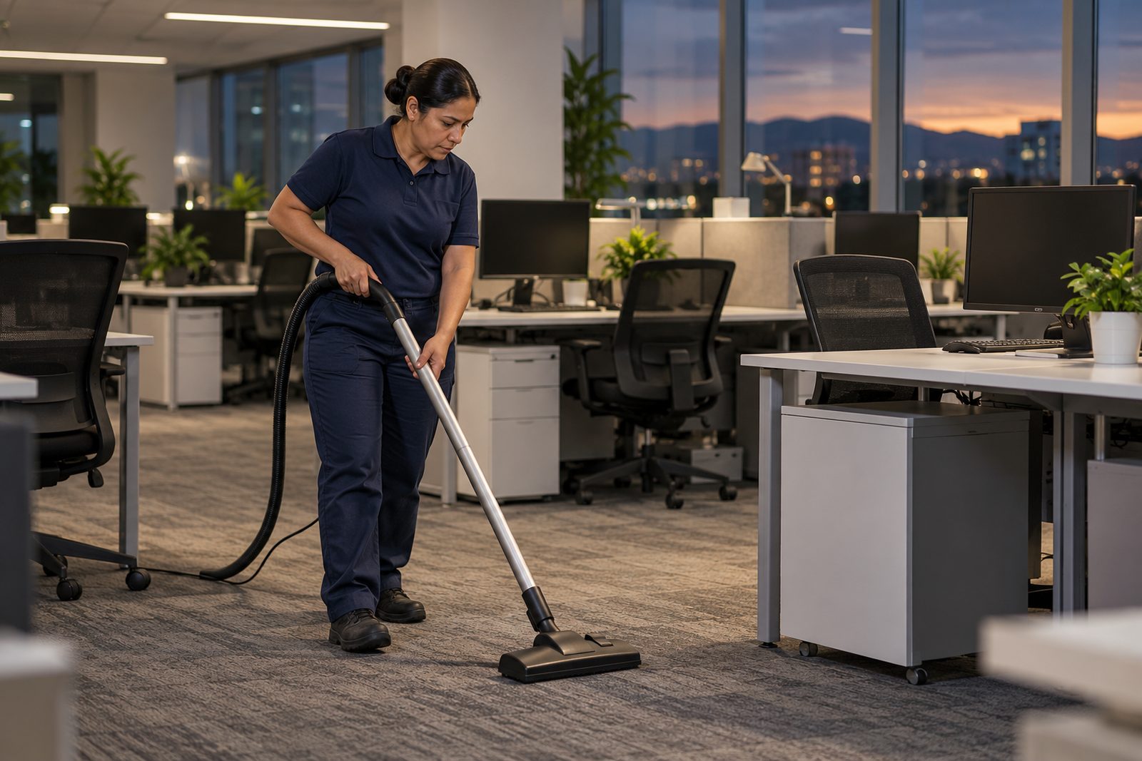 Custodian in a navy uniform vacuuming a quiet open-plan office in the evening, desks cleared
