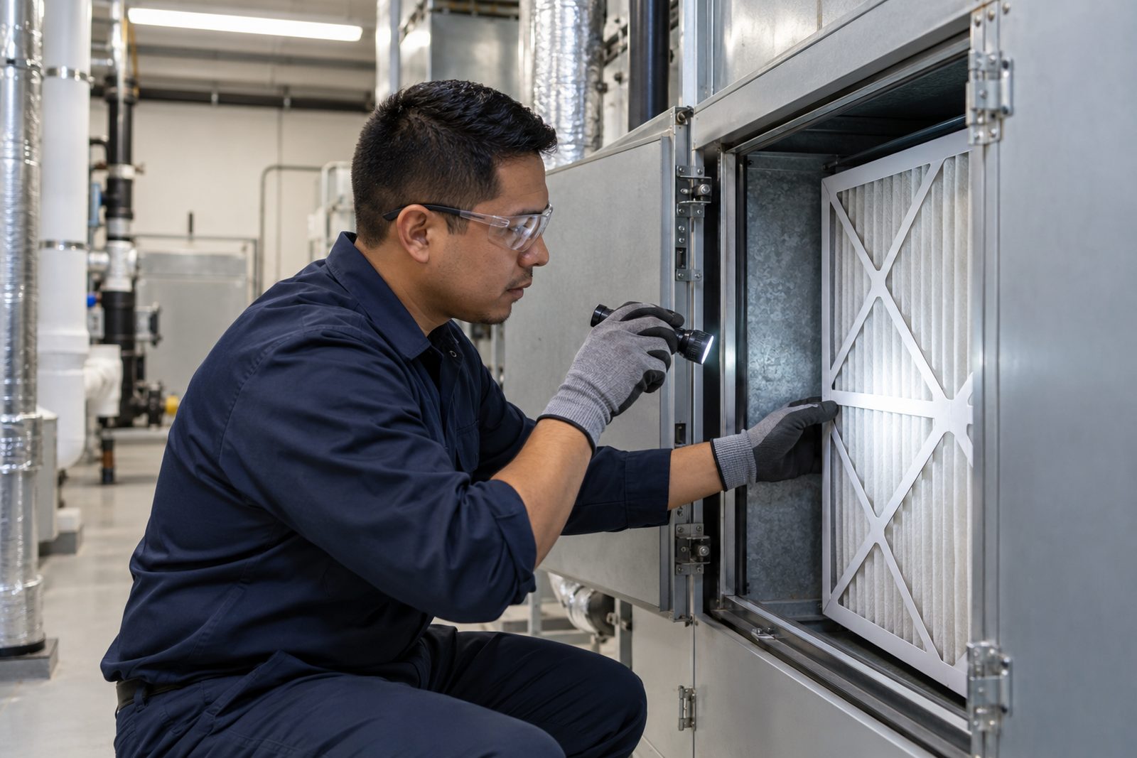 Technician checking an air-handling unit filter in a clean mechanical room with a flashlight