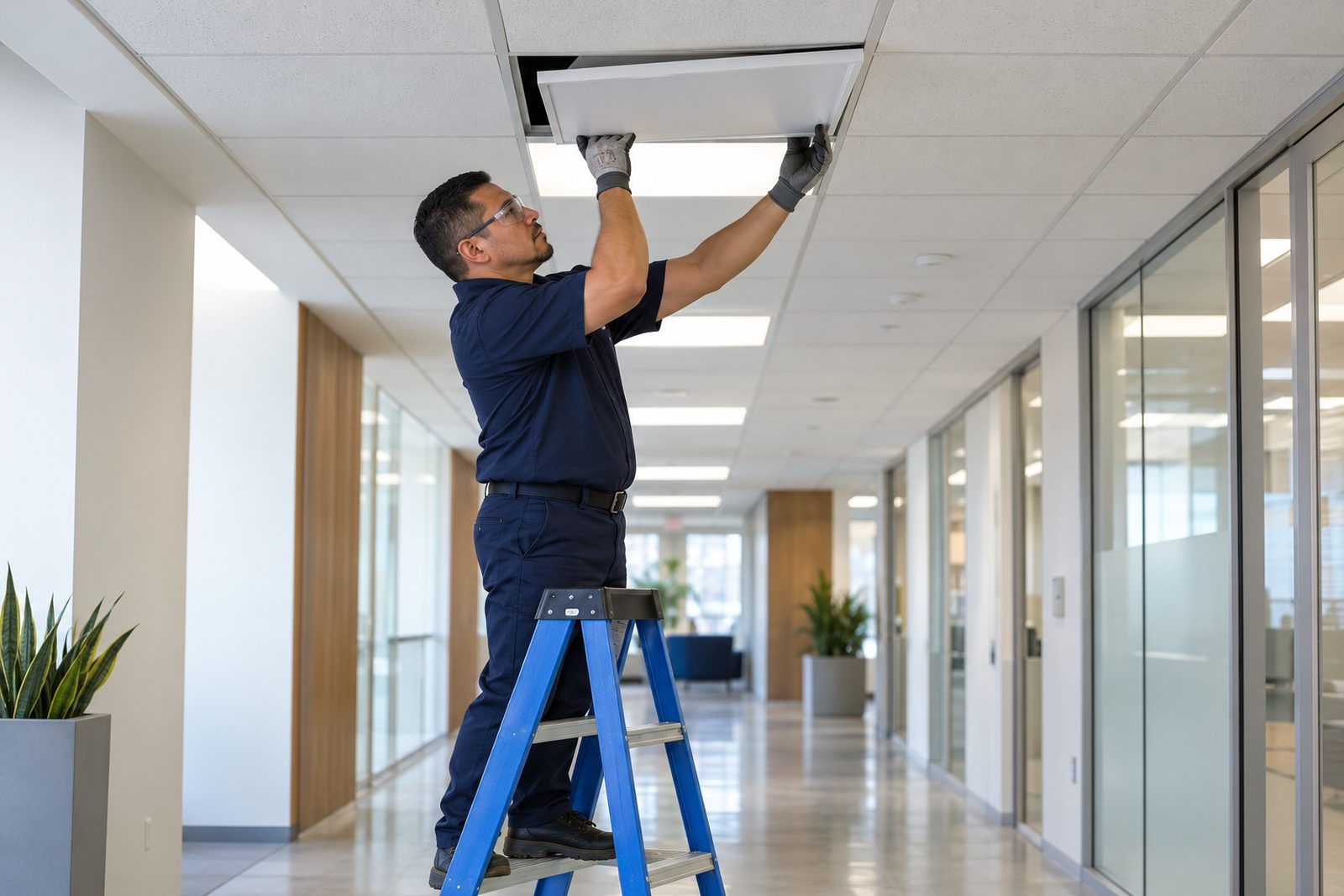 Maintenance technician replacing a ceiling light panel from a short ladder in a bright office corridor