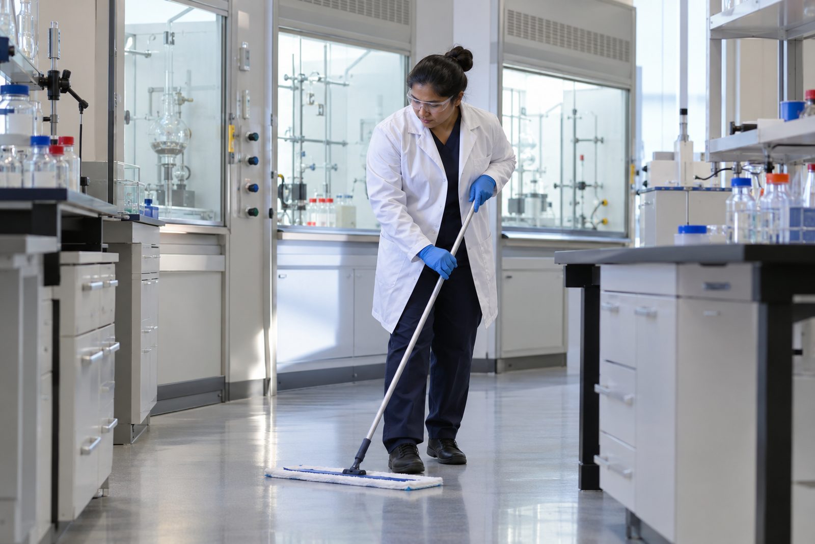 Custodian in a lab coat and gloves mopping between lab benches with tall fume hoods behind