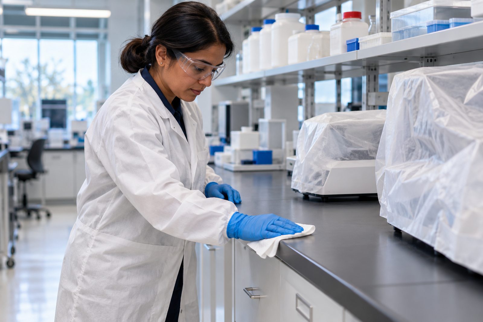Gloved custodian wiping a lab bench edge around covered instruments, reagent shelves behind