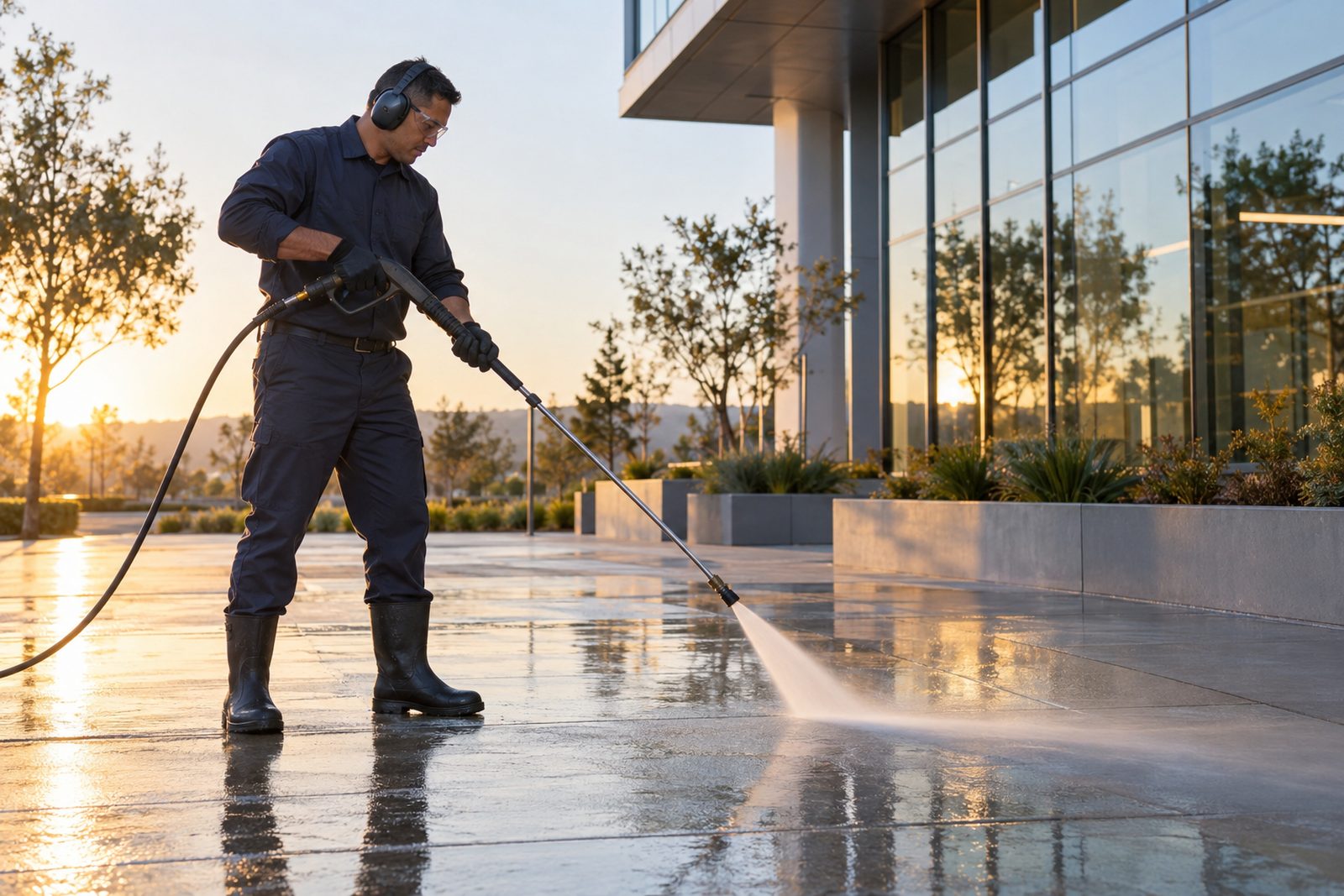 Worker pressure-washing a concrete plaza in front of a glass office building at sunrise