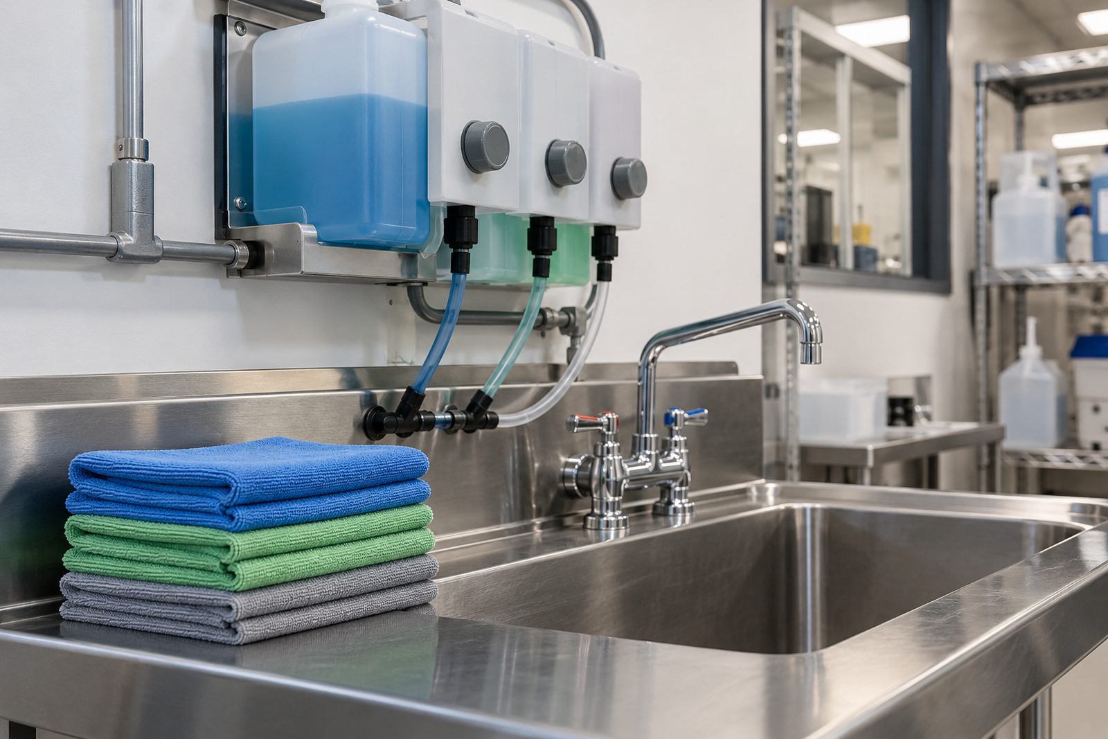 Refillable concentrate dispenser and reusable microfiber cloths on a stainless janitor sink