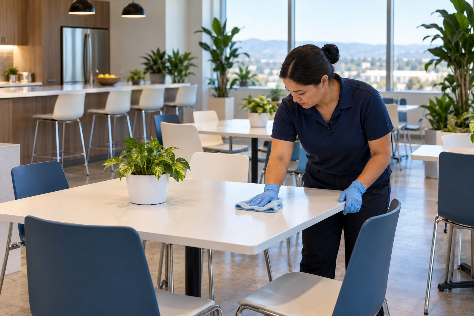 Bright clean break area in a tech office with plants and wiped tables at morning